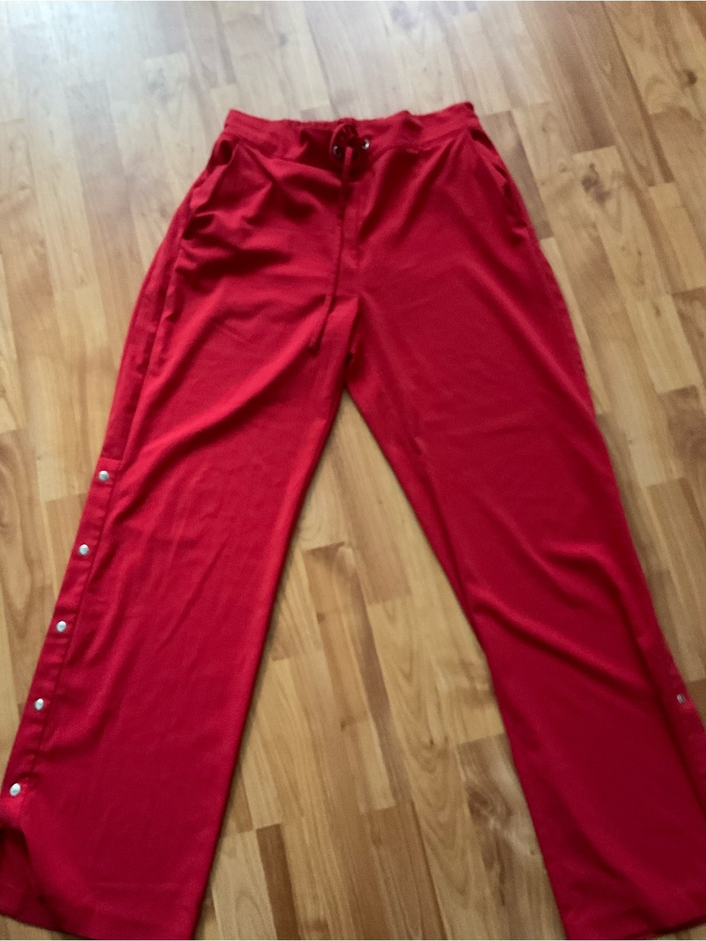 Red Wide-Leg Snap-Trim Pants